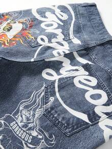 ROMWE MEN Men's Letter & Skull Print Pocket Casual Denim Shorts - Blue - View 6