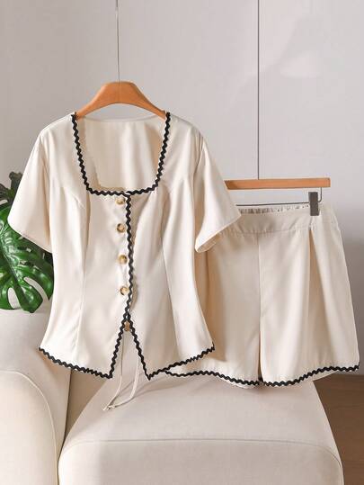 CosyJoli Plus Size Women Square Neck Short Sleeve Single-Breasted Shirt And Shorts Casual 2 Pieces Set