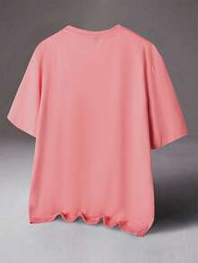 Manfinity Roghcode Men's Casual Letter Embossed Pink Crew Neck Short Sleeve T-Shirt, Summer, 2000s Style - Pink - View 2