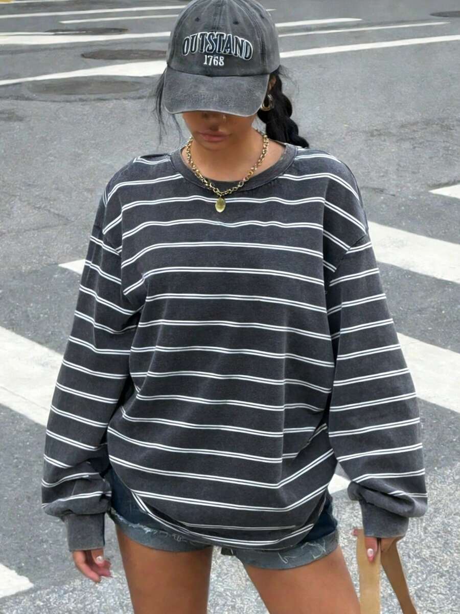 Muchica 条纹印花针织圆领休闲长袖T恤 - 黑色 - 查看 1