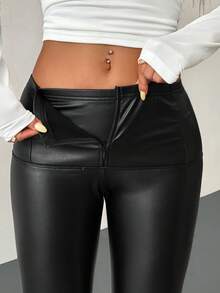 SHEIN PETITE 秋/夏新款简约优雅日常通勤休闲时尚百搭春夏百搭束腰拉链提臀黑色中腰PU皮绒修身裤，适合春夏、机场、教师、办公室等场合穿着。 - 黑色 - 查看 10