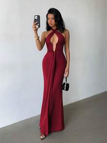 Glamine Đầm maxi màu đỏ rượu vang gợi cảm cổ chữ V, dây buộc cổ, lưng hở, không tay, xếp ly, thích hợp cho biểu diễn, câu lạc bộ, hẹn hò, đường phố, thu đông, thanh lịch, dạ hội, tiệc tùng, sinh nhật, tiệc tùng, lễ tình nhân. - Màu Đỏ Sâu - Xem 6