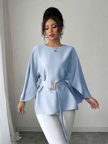 Selianne 女式法式圆领蝙蝠袖系腰亮面红色衬衫，春夏 - 淺藍色 - 查看 4