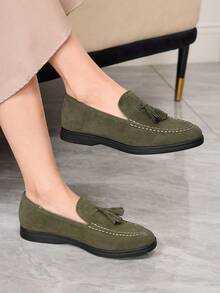 Sleekvia Sepatu Loafer Datar Kasual Serbaguna untuk Perjalanan, Dekorasi Rumbai, Cocok untuk Hari Valentine - Dark Green - View 4