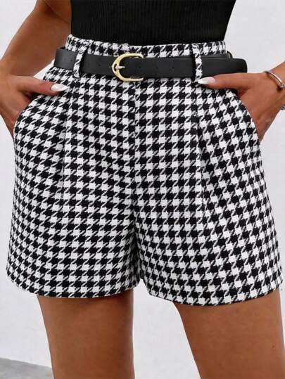 Franclia 大码夏季休闲千鸟格印花短裤
