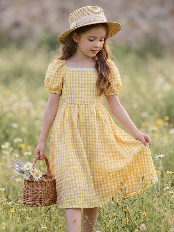 Vintaside Kids Tween Girls' Sweet Floral Print Square Neck Puff Sleeve Dress, Suitable For Outings, Daily School Wear, Hangouts With Friends, Birthday Parties, Valentine's Day