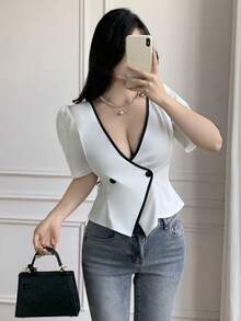 Celisse Women's Ruffle Trim Deep V-Neck Double Breasted Puff Sleeve Fashionable Blouse - White - View 3