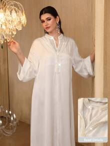 Al Najma 优雅奢华二合一立领连帽泡泡珍珠喇叭袖连衣裙，春夏款 - 白色 - 查看 5