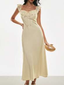 Poéselle 女士时尚优雅露肩蕾丝边中长连衣裙 - 杏色 - 查看 4