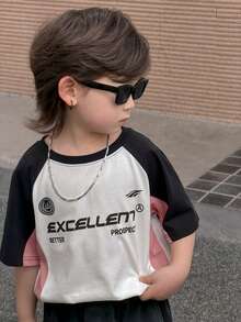DAZY Camiseta de manga corta de cuello redondo con estampado de letras de bloques de color para niño en verano - Blanco - Ver 1
