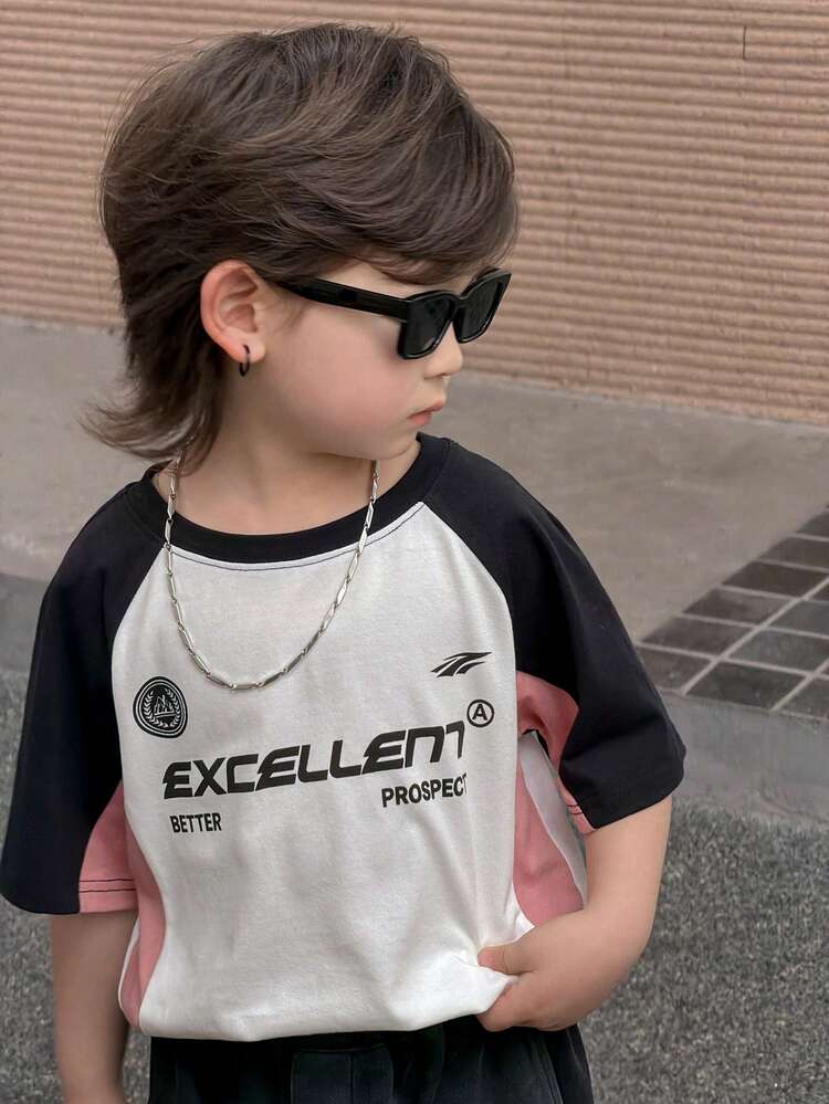 Young Boy Color Block Letter Print Round Neck Short Sleeve T-Shirt Summer