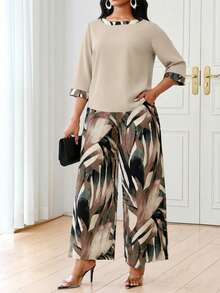 SHEIN Lady 大码撞色圆领休闲宽松七分袖百搭两件套阔腿裤套装上衣和裤子套装阔腿裤女士飘逸长裤女士端庄两件套女士端庄套装女士两件套优雅搭配女士休闲套装女士优雅时尚套装女士两件套 - 彩色 - 查看 3