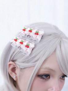 ROMWE Anime 2 Pieces Cute Cherry Lace Hairpins, Lolita Style Handmade Bow Duckbill Clips, Sweet Hair Accessories Hairpins - Black and White - View 1