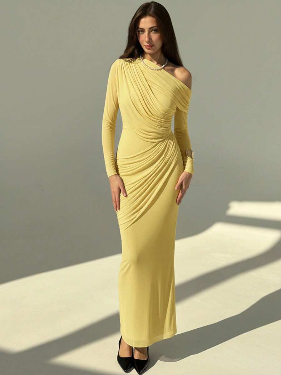 Aloruh Elegant Solid Color One Shoulder Ruched Dress, Casual & Party Wear - Yellow - View 1
