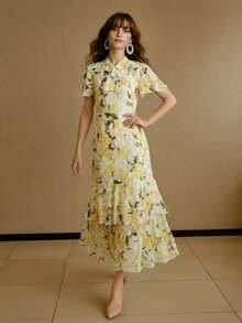 ZEYLAH Váy họa tiết hoa thanh lịch dành cho nữ, mùa hè - Màu vàng - Xem 4