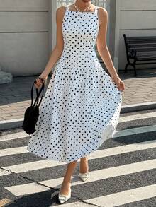 Cévolie 女士时尚休闲波点印花无袖连衣裙 - 黑與白 - 查看 3