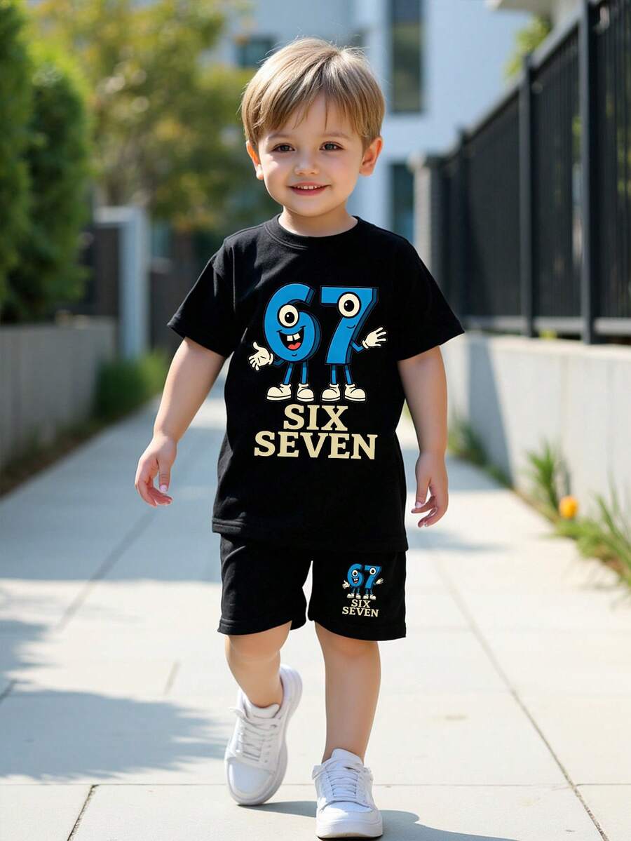 SHEIN Streecool Kids 2件套幼儿男童休闲创意数字67卡通图案字母标语印花短袖T恤和短裤套装，舒适日常穿着，温暖的夏季款式，适合春、夏、秋季穿着。 - 彩色 - 查看 1