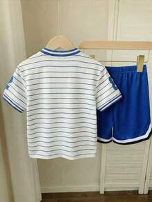 SHEIN Young Boys Summer Casual Striped Button-Front T-Shirt And Shorts Set - Blue and White - View 2