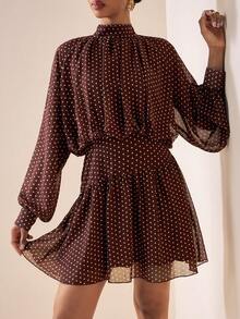 Zivah 2026 Spring/Summer New Music Festival, Easter, St. Patrick's Day, Valentine's Day, Date, Western, Nomadic, Birthday Party, Graduation, College, Student, Daily Wear, Basic Versatile, Casual, Vacation, Cruise Travel, Beach, Sunbathing, Viral , Streetwear, Wedding Guest Boho, Commute, Brunch, Airport, Party, Holiday Outing, Office Wear Brown Mini Dress With Stand Collar, Ruffle, Pleated, Mesh Polka Dot A-Line Long Sleeve - Brown - View 4