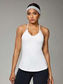 Easithlete Solid Color Mesh Patchwork Racerback Camisole, Summer Activewear - White - View 4