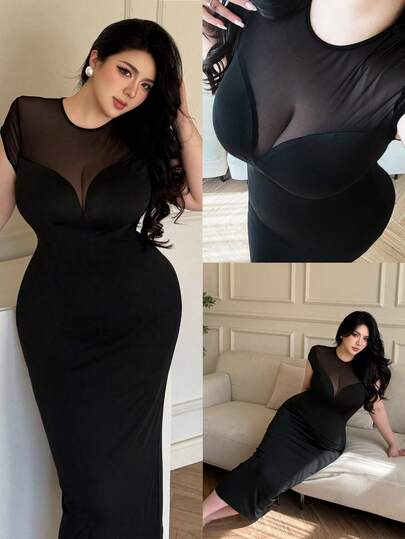 Vibekara Plus Size Mesh Patchwork Midja Åtsittande Bodycon Kortärmad Maxiklänning