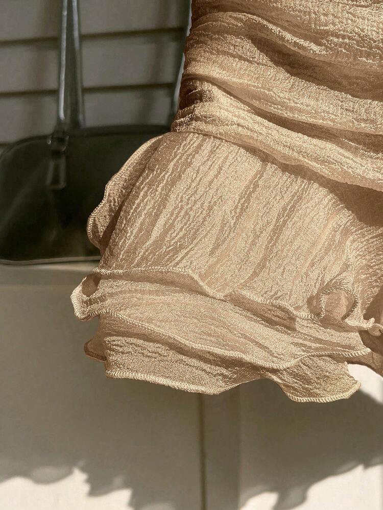 Elamini 2026夏季浪漫荷叶边迷你裙，性感甜美风时尚超短裙，香槟色度假风，适合情人节、新年等场合 - 香檳色 - 查看 3