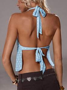 TRNVIE 女士优雅波点V领露背吊带背心，春夏款 - 藍白色 - 查看 2