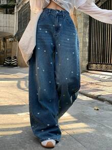 FRIFUL Women's Casual Heart Print Washed Denim Jeans, Suitable For Autumn - Blue - View 1