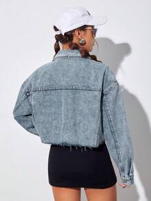 Rivivi Women's Drop Shoulder Long Sleeve Single-Breasted Casual Frayed Denim Jacket - Blue - View 2