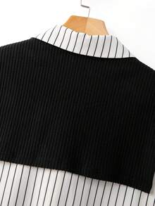 GlowEve CURVE 大码女式条纹二合一休闲衬衫，舒适复古风短袖优雅通勤衬衫，撞色口袋长裤，复古优雅女士风格衬衫，适合毕业典礼、节日、情人节、音乐节、母亲节、万圣节、感恩节、复活节、国庆节、舞会、约会派对、婚礼季、户外郊游等场合。 - 黑色 - 查看 6