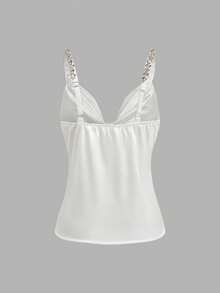 Franclia Holidaya 时尚商店 女士优雅派对 2026 春夏时尚深V领白色缎面水钻吊带背心 - 白色 - 查看 4