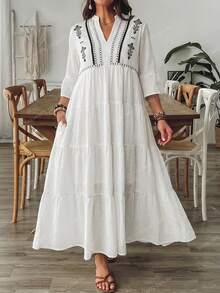 SHEIN VCAY Đầm voan xếp ly dáng rộng, thêu họa tiết, phong cách Bohemian, trang phục nữ Boho, đồng quê. - Màu be - Xem 2