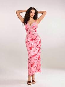 plantica 休闲性感都市时尚印花长款蕾丝吊带裙，适合度假、约会、居家、情人节、春夏穿着。 - 彩色 - 查看 3