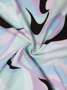 Breezaya 女士几何印花V领泡泡袖褶皱腰身设计优雅长袖连衣裙，多色 - 彩色 - 查看 6