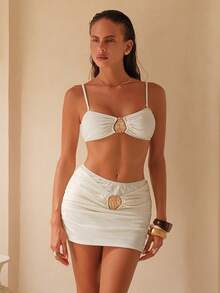 Swim Chiccia 3 Stücke Damen elegantes einfarbiges Bandeau Camisole, Dreieck Bikinihose, plissierter Vorderrock Badeanzug Set, Sommer, elegant, Valentinstag Outfits für Frauen, weiß Zweiteiler Set Frauen, Hochzeiten & Veranstaltungen - Beige - Übersicht 3
