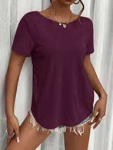 SHEIN Essnce 女士休闲度假性感简约纯色扭结露背短袖T恤，夏季 - 酒紅色 - 查看 3