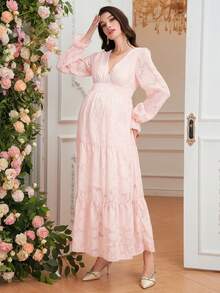 SHEIN Elegant Maternity V-Neck Long Sleeve Ruched Waist Dress - Pink - View 6