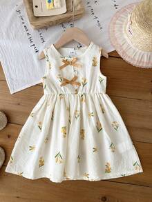 SHEIN 女婴休闲碎花连衣裙，饰有蝴蝶结，适合春夏季节、居家、户外、度假、日常穿着 - 彩色 - 查看 3