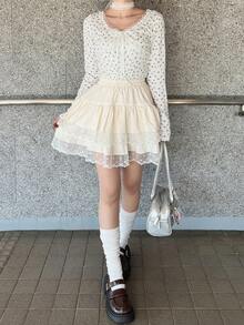 FRIFUL 女士撞色蕾丝碎花系带长袖T恤 - 白色 - 查看 5