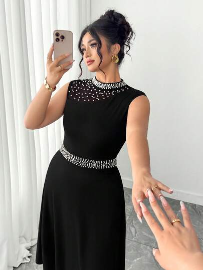 Elenzga Plus Size Elegant Beaded Sleeveless Dress, Summer