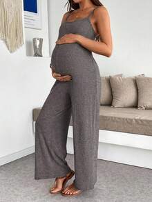 SHEIN Bộ áo liền quần dáng rộng, thoải mái, màu trơn, có gân dành cho bà bầu - Màu xám đen - Xem 3