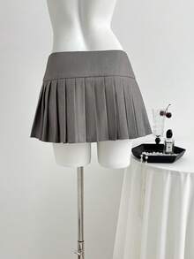 Elamini Váy quần nữ màu trơn xếp ly, thiết kế cài nút bên hông. - Xám - Xem 2