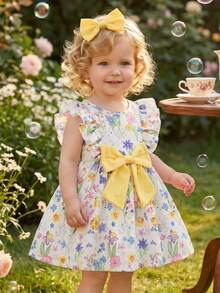 SHEIN Baby Girl Infant Toddler 0-3 Years Old Casual Elegant Vacation Cute Animal & Plant Print Flare Sleeve Loose A-Line Dress, Suitable For Party, Daily Wear Or Vacation - Multicolor - View 8