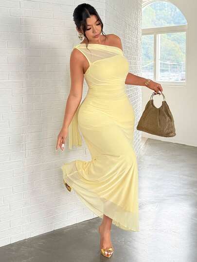 Firerie Plus Size Women's Elegant Sexy Butter Yellow Summer Curve Cocktail Bodycon Maxi Dress,Asymmetrical Shoulder Fashion Style For Party Dinner,Wedding