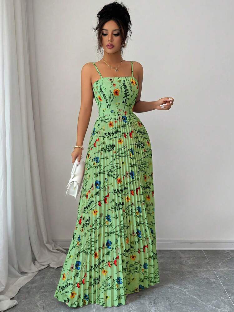 Elenzga Elegant Floral Print Pleated Tie-Front Backless Dress, Summer - Green - View 4