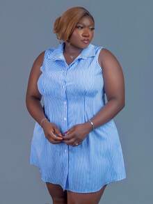 CurvyTilda 2025 春夏新款女装加大码优雅通勤休闲办公室蓝白条纹梭织面料无袖腰部收腰衬衫裙 - 藍白色 - 查看 4