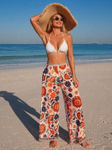 Swim Lushoire 女士印花雪纺和服裤装套装，波西米亚风海滩度假 - 彩色 - 查看 4