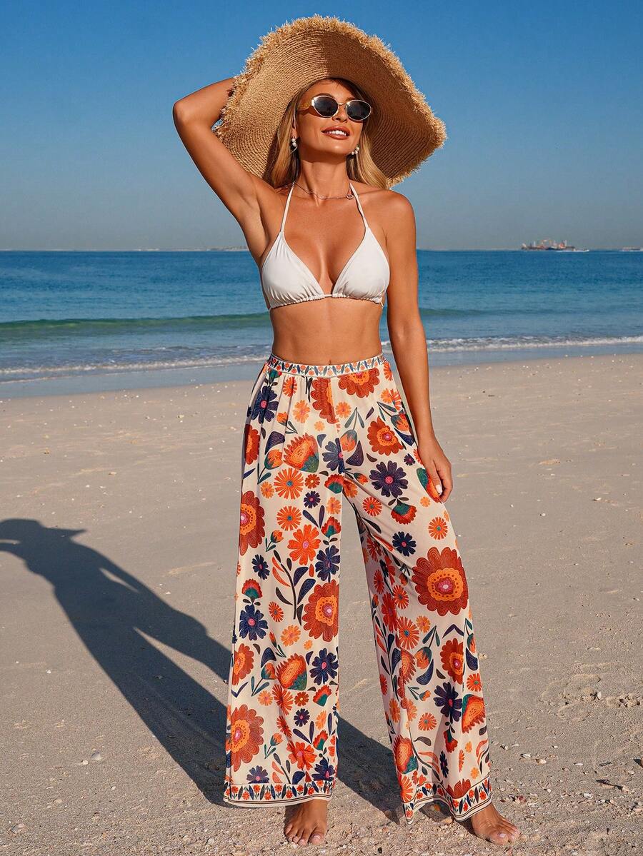 Swim Lushoire 女士印花雪纺和服裤装套装，波西米亚风海滩度假 - 彩色 - 查看 1