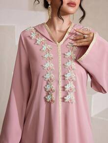Al Najma Elegante cárdigan con capucha de manga larga, de corte holgado y con adorno de encaje floral para mujeres - Rosa - Ver 7