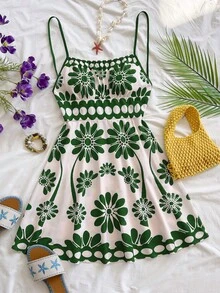 Soleia 女士度假红色波点印花露背吊带A字迷你连衣裙，适合秋冬季叠穿，也适合派对和圣诞节穿着。 - 綠色 - 查看 3